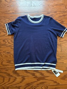 Navy Short-Sleeve Knit Top with Cream Trim